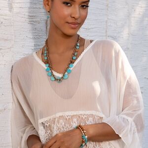 Turquoise Bead Statement Necklace and Bracelet Set - Women Jewelry